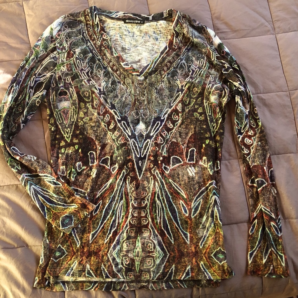 David Cline LARGE embellished long sleeve top. Blue, green,rust.